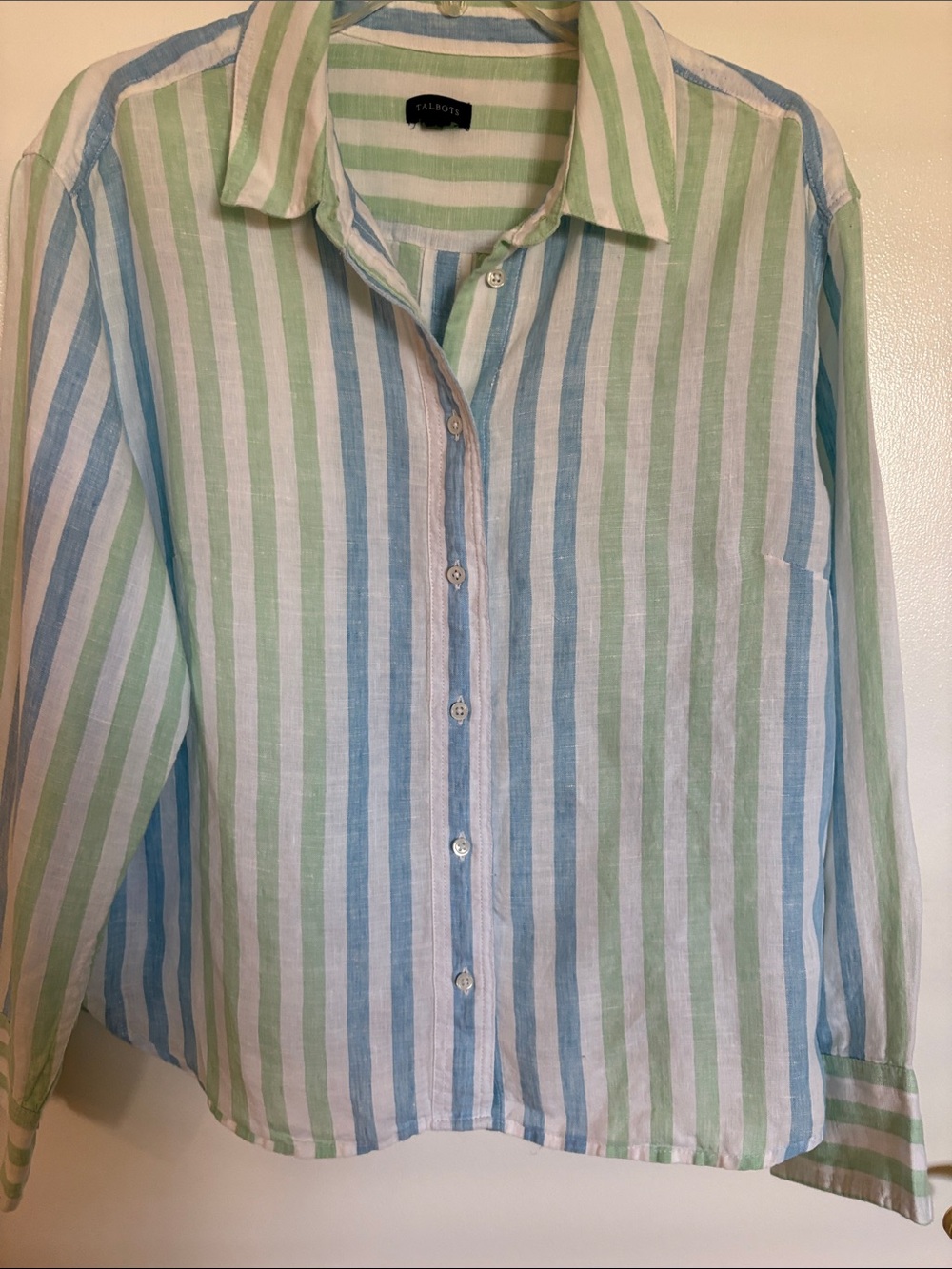 Talbots women’s  Long-Sleeve Striped Button-Down linen in Blue, Green & White M
